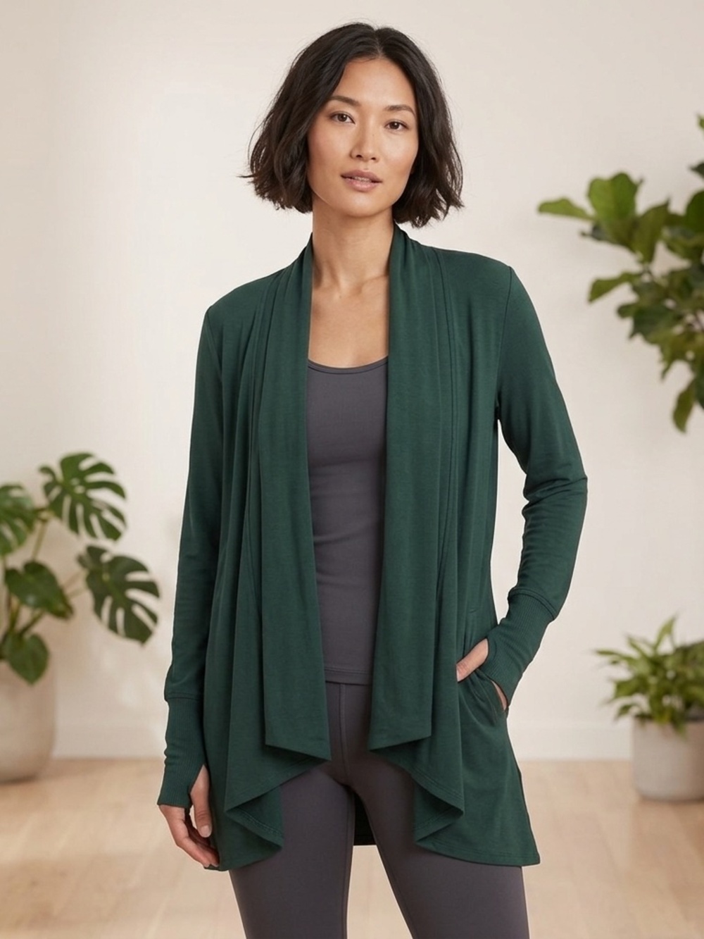 Athleta Pranayama Wrap Cardigan Dark Green Forest Small S Open Front Thumbholes